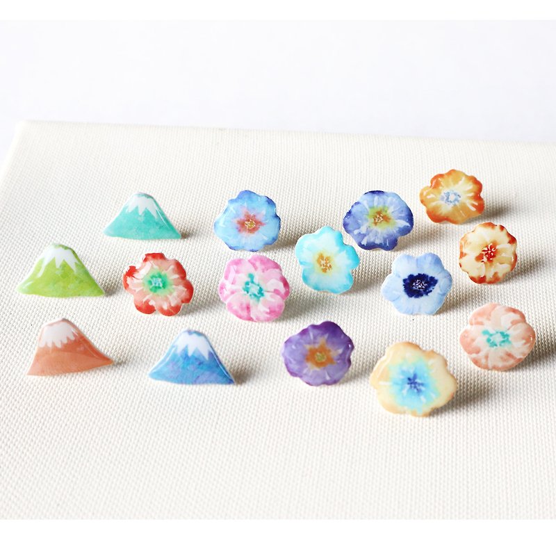 Flowers, Mount Fuji earrings - Earrings & Clip-ons - Resin Multicolor