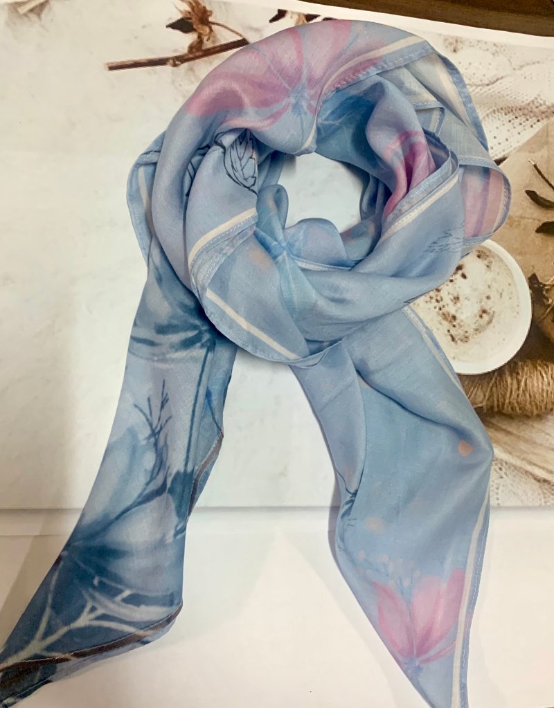 Flower Language Series Light Blue 90x90 Cotton Soft Square Scarf - ผ้าพันคอ - ผ้าฝ้าย/ผ้าลินิน 