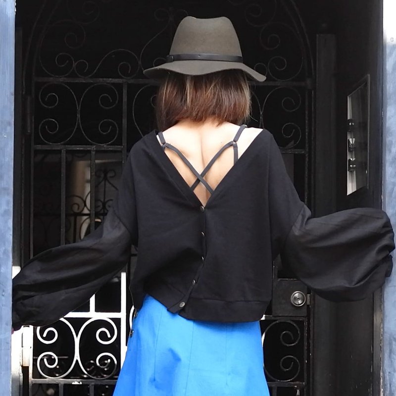 Transparent balloon sleeves 2way long T-shirt & cardigan - Women's Shirts - Eco-Friendly Materials Black