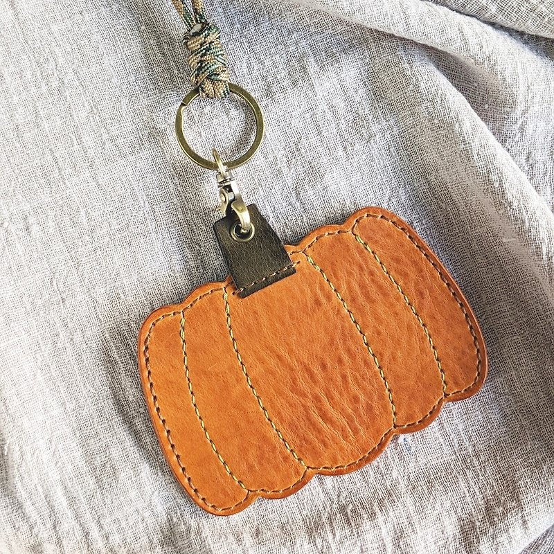 Handmade leather pumpkin ticket card holder/young card holder/traffic card holder/gogoro card holder with handle - ID & Badge Holders - Genuine Leather Orange