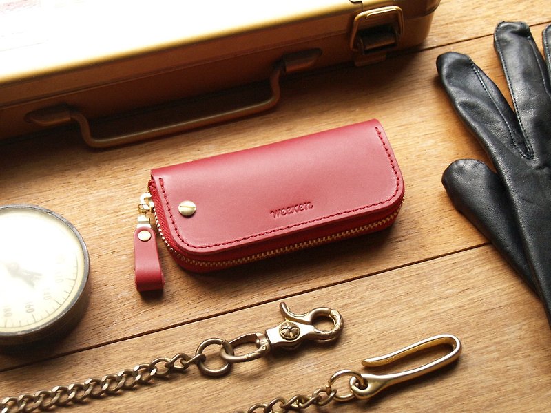 Leather Key Case ( Custom Name ) - Flamenco Red - Keychains - Genuine Leather Red