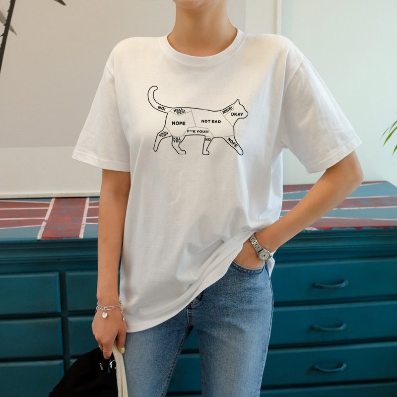 Cat Petting 短袖T恤白色 貓咪撫摸注意事項文青禮物毛小孩 - 女 T 恤 - 棉．麻 白色