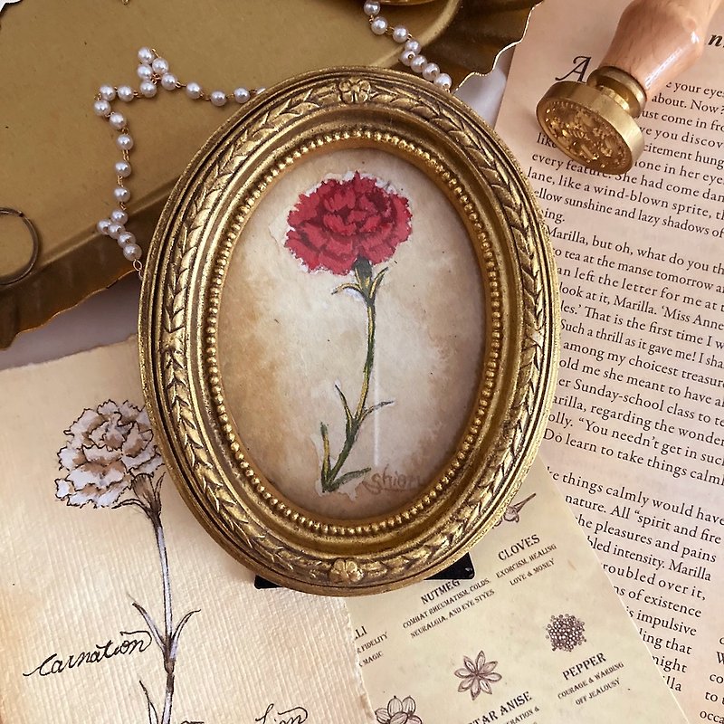 Small painting of carnations Red A / Flower lover Yasuno Kaori Mother's Day Painting Antique style Antique Interior decoration - Posters - Paper Red
