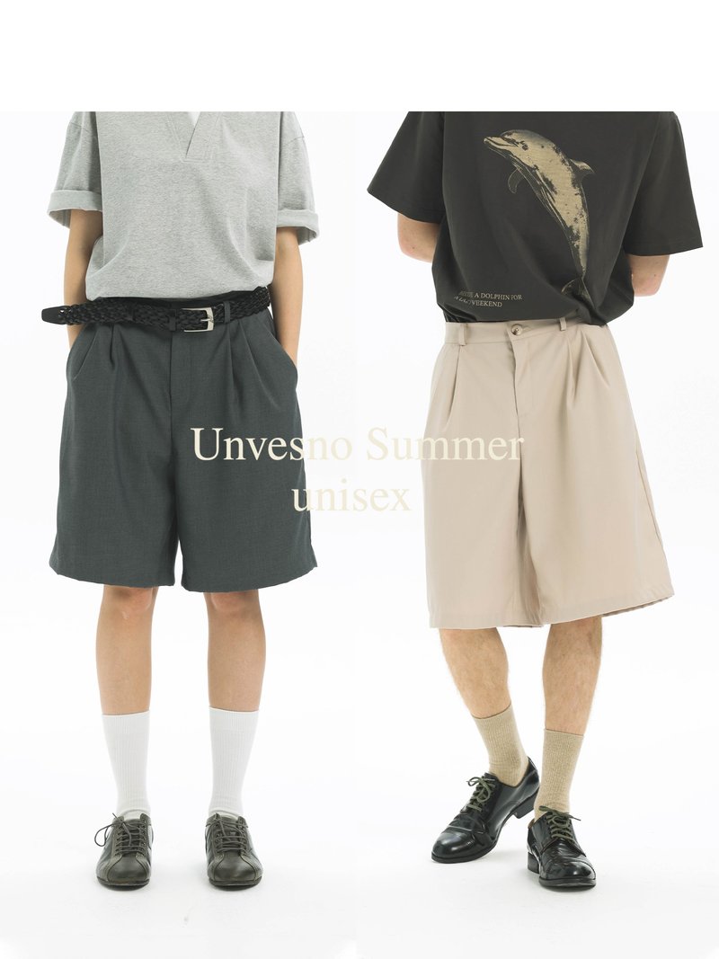 Unvesno (UN) British commuter straight casual twill texture shorts men's and women's mid-length trousers - กางเกงขาสั้น - วัสดุอื่นๆ 