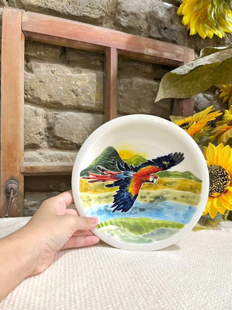 Hand-drawn underglaze painted colorful parrot deep plate utensils - Plates & Trays - Porcelain Multicolor