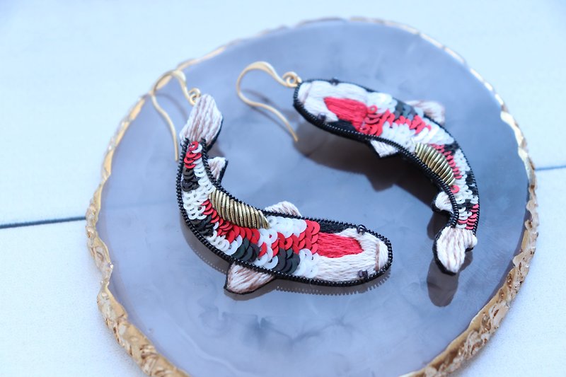 Carp koi fish earrings, embroidered earrings, yin yang gift / Pisces gift - ต่างหู - งานปัก สีแดง