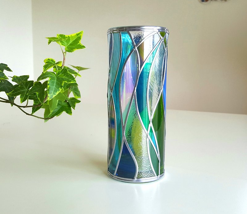 受注　グラスアート 円柱形ガラス花瓶   セノーテ - 花瓶・植木鉢 - ガラス ブルー