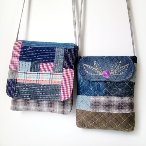 女性用ハンドメイドデニムショルダー刺繍バッグ - パッチワーク