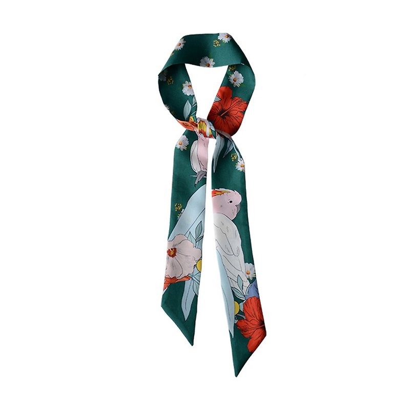 120*5cm silk twilly scarf parrot flower print vintage look forest green - ผ้าพันคอ - ผ้าไหม สีเขียว
