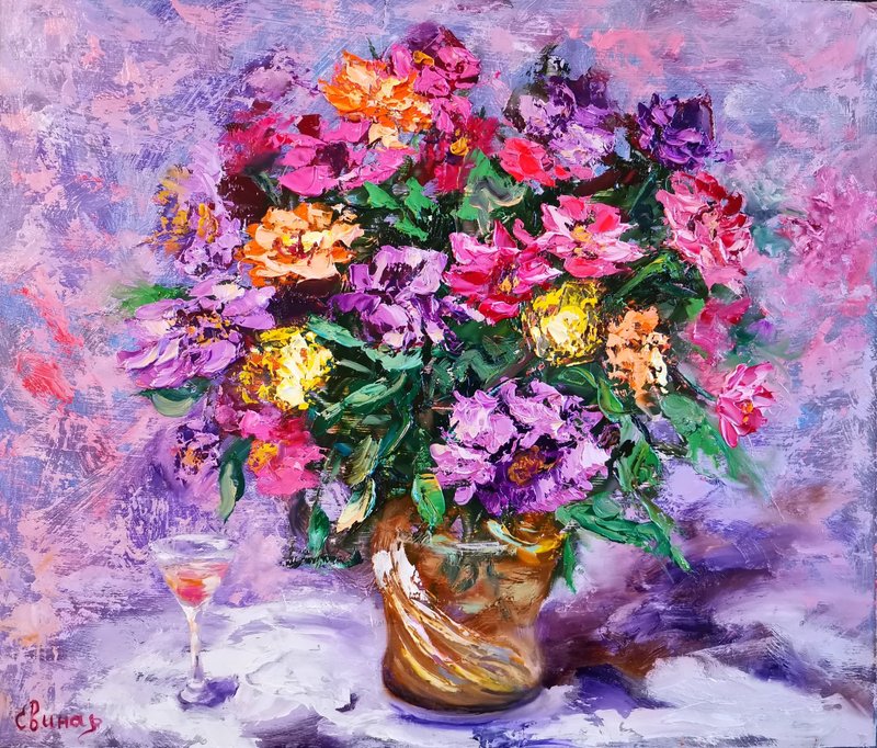 Daisy Glass Vase Wine Oil Painting Flower Impasto Original Artist Svinar Oksana - อื่นๆ - วัสดุอื่นๆ หลากหลายสี