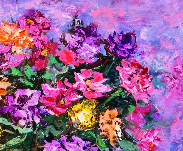 青い花瓶とカラフルな花　油絵　1996年 青い花瓶とカラフルな花 油絵 1996年