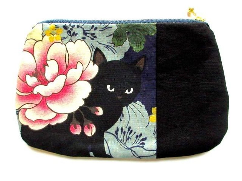 Black cat's Japanese pattern flat pouch * Blue D - Toiletry Bags & Pouches - Cotton & Hemp Blue