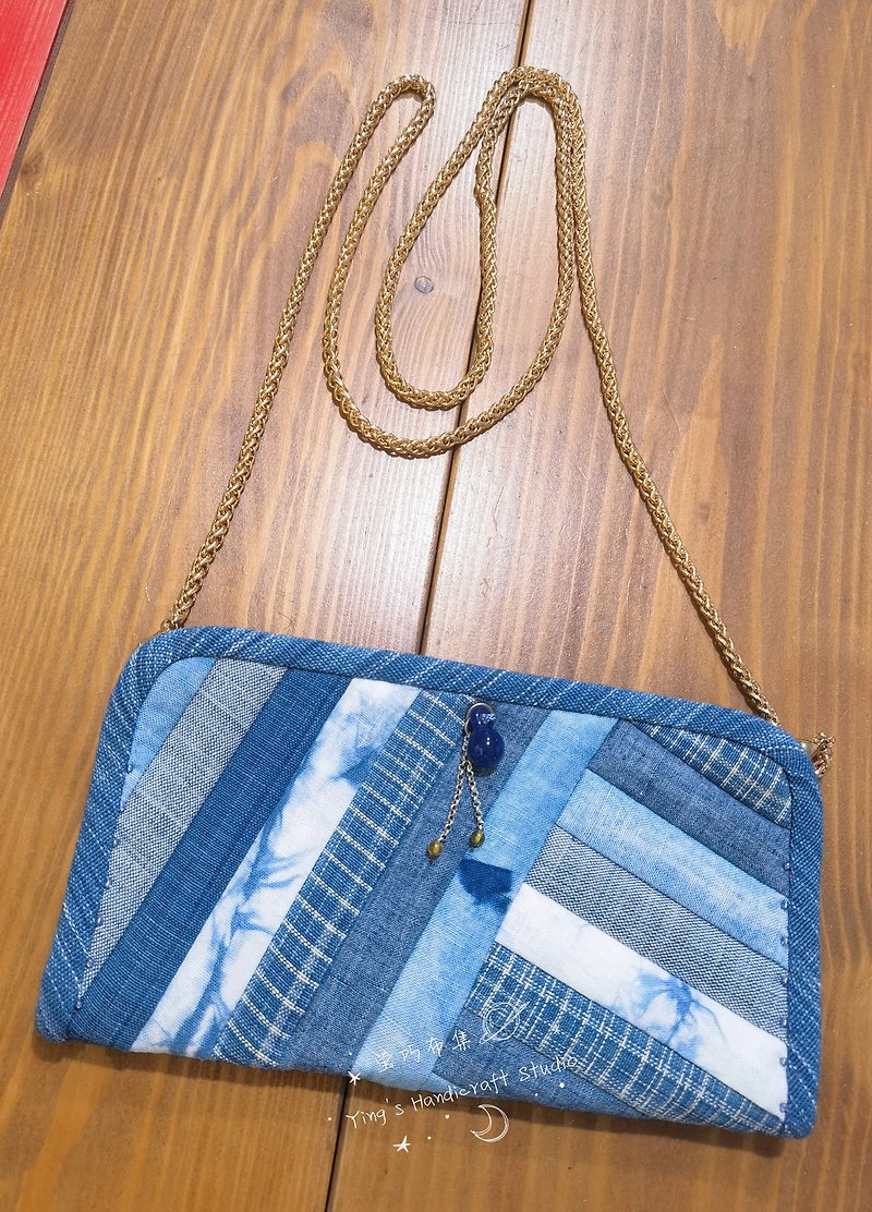 【新品】【拼布原創設計】條紋手機包 - 側背包/斜孭袋 - 棉．麻 藍色