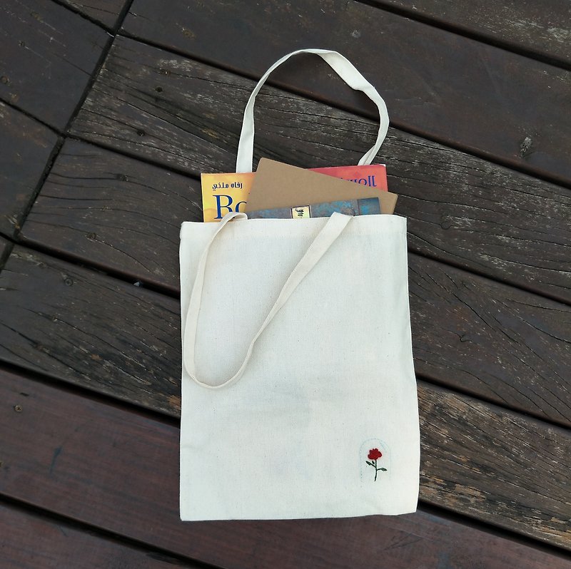 Rose in the Bottle | Embroidery Canvas Bag | Portable Shoulder - กระเป๋าถือ - งานปัก หลากหลายสี