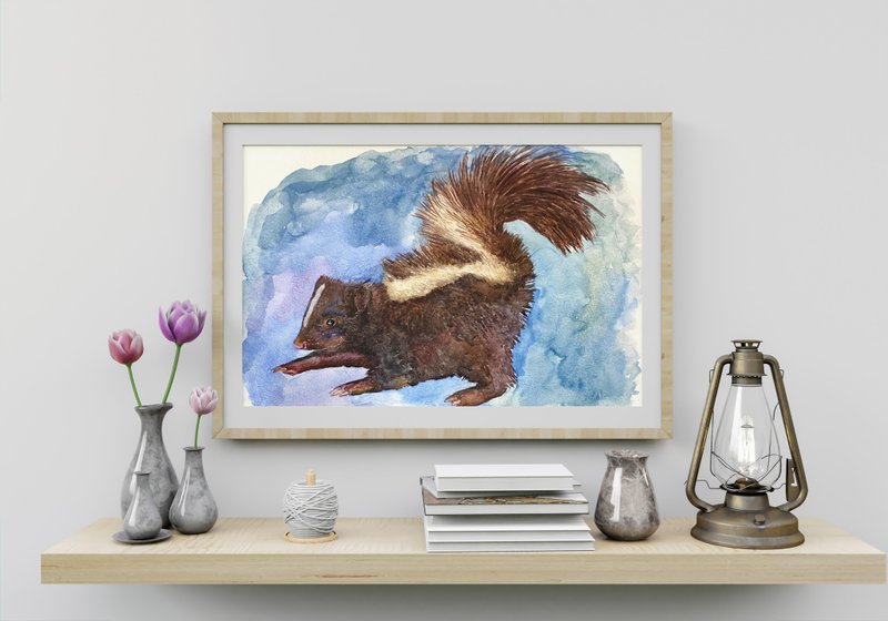 Skunk original watercolor painting, animal art,watercolor wall art - ตกแต่งผนัง - กระดาษ หลากหลายสี