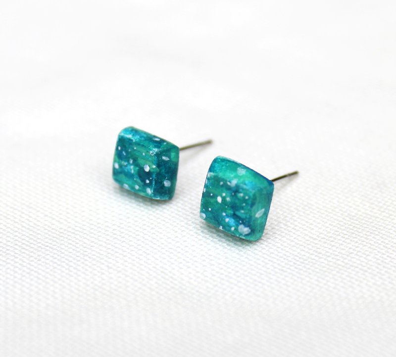 Star - geometric earrings / square / lake green / can be changed ear clip - Earrings & Clip-ons - Clay Green