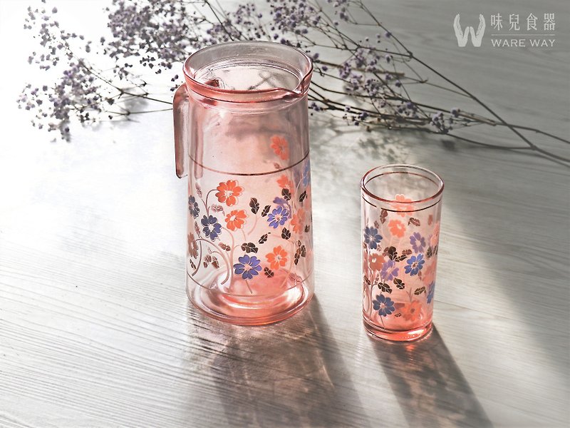 早期壺杯組－春天吹拂的花園 (餐具/舊貨/老物/玻璃/圖案/花樣) - 茶具/茶杯 - 玻璃 粉紅色