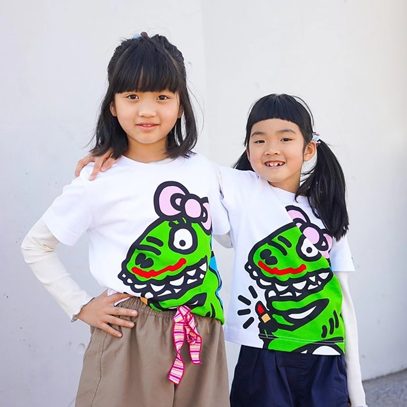 童裝 恐龍妹妹塗口紅 棉短袖T恤 男孩女孩同款 5歲至10歲 親子 - 女 T 恤 - 棉．麻 多色