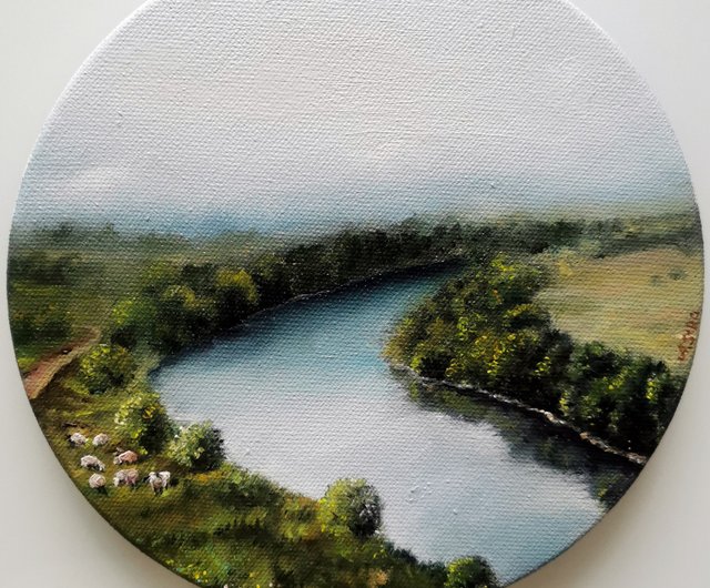 Landscape original oil painting on canvas River Forest painting Round  painting - Shop Anna-Forest-Art Wall Décor - Pinkoi