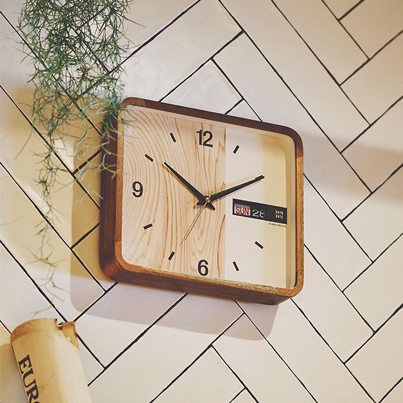 週末 - 丸い長方形の週/日付の時計の壁時計 - 時計 - 木製 ブラウン