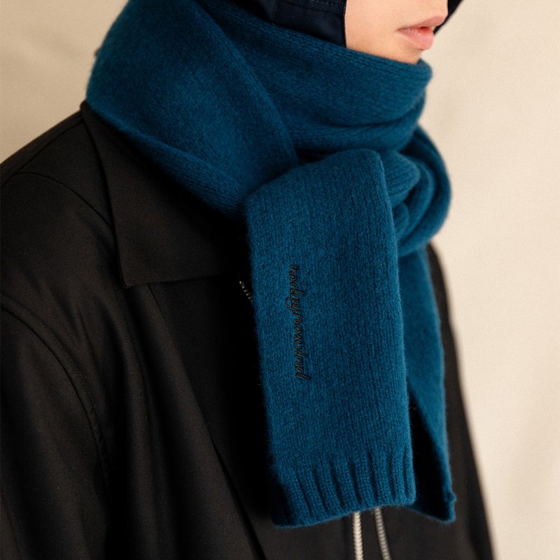 100%澳洲綿羊毛圍巾 刺繡LOGO 純色保暖針織圍脖男 - 圍巾/披肩 - 其他材質 藍色