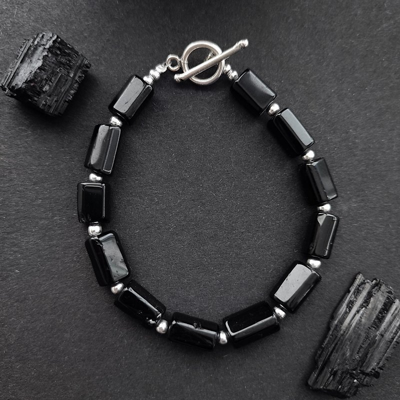Black Tourmaline Bracelet with Silver Toggle Clasp /Protection, Grounding Amulet - สร้อยข้อมือ - เครื่องประดับพลอย สีดำ
