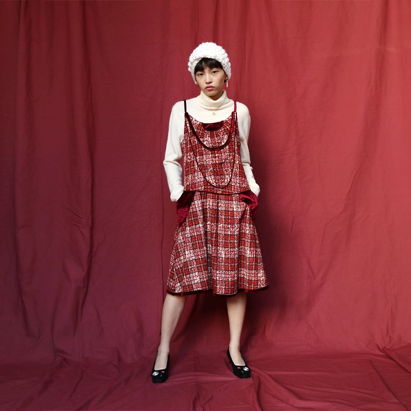 Pumpkin Vintage. Ancient red plaid printed suede vest dress - One Piece Dresses - Other Materials Red