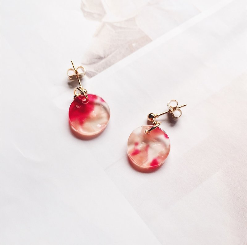 La Don - 石紋小圓 - 透紅 耳針/耳夾 - 耳環/耳夾 - 樹脂 紅色