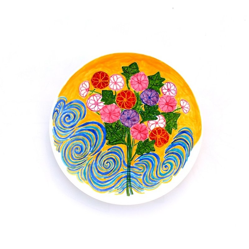 菊と流水紋様の絵皿 - 碟子/醬料碟 - 瓷 多色