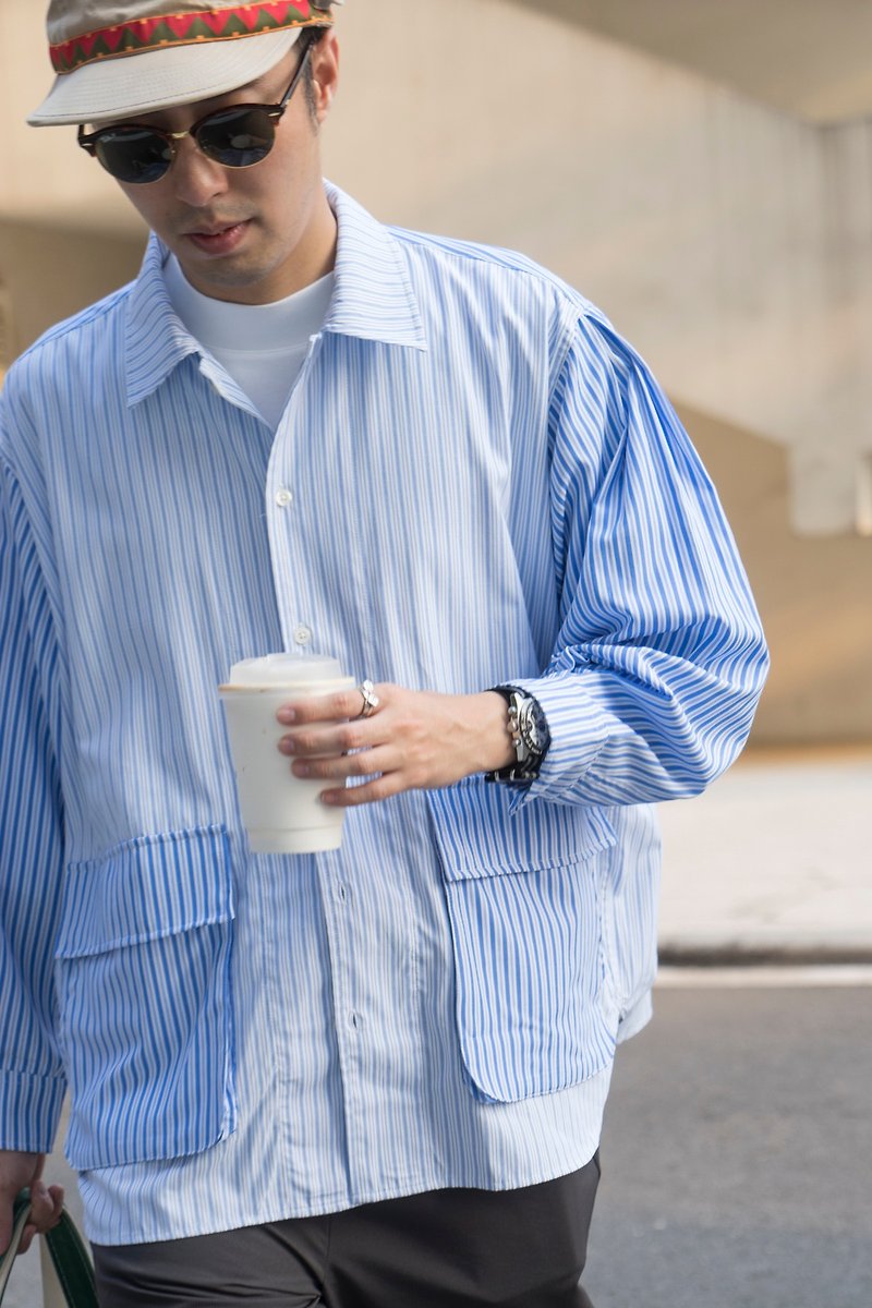 SHIRT Japanese trendy contrast color splicing striped work pocket men's shirt Cityboy casual loose long sleeves - เสื้อเชิ้ตผู้ชาย - ผ้าฝ้าย/ผ้าลินิน สีน้ำเงิน