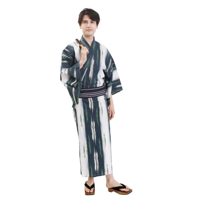 Men's cotton yukata and obi 2-piece set SML size Z32-01C yukata - Other - Cotton & Hemp Blue