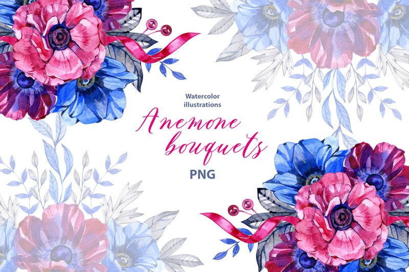 Watercolor Anemone bouquet clipart set, 7 Png, floral Clipart, pink watercolor - Logo 設計/圖案設計 - 其他材質 