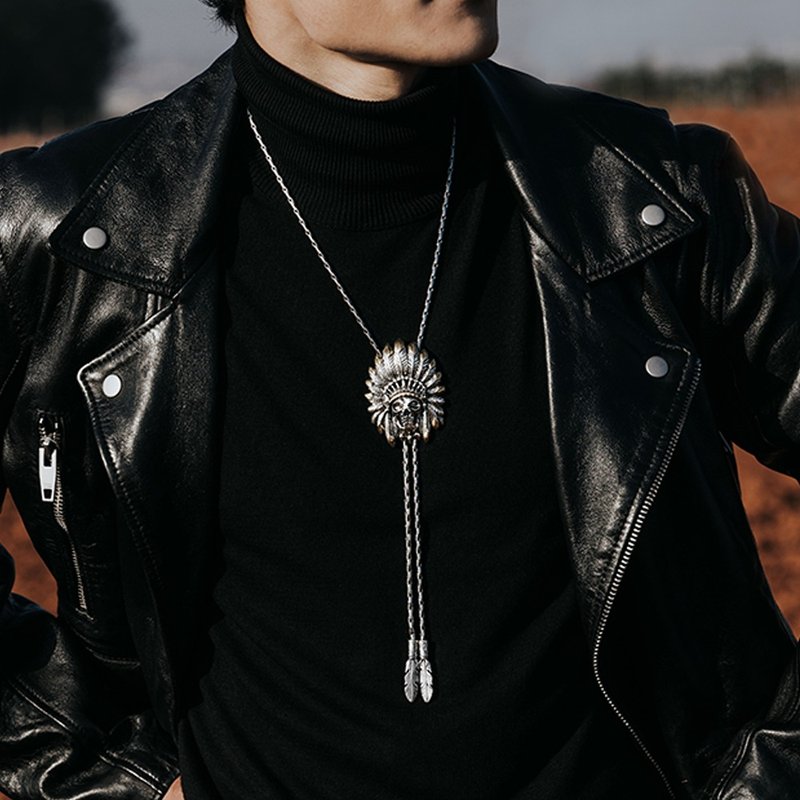印地安骷髏酋長  保羅領帶 Bolo Tie 金屬繩領帶 長項鍊 - 領帶/領帶夾 - 其他金屬 銀色