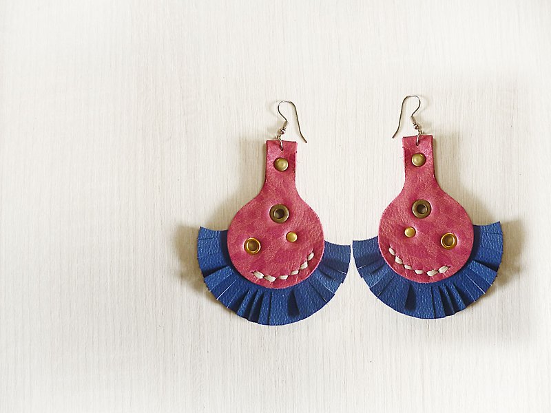 POPO│ Blue Series Pretty earrings │ │ leather sector - Earrings & Clip-ons - Genuine Leather Blue