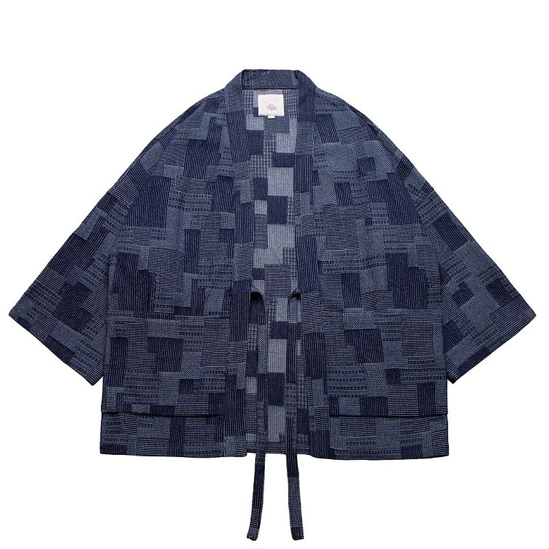 S-CrestTaiwan | Japanese-Style Handmade Kimono Jacket: BORO - เสื้อโค้ทผู้ชาย - ผ้าฝ้าย/ผ้าลินิน สีน้ำเงิน