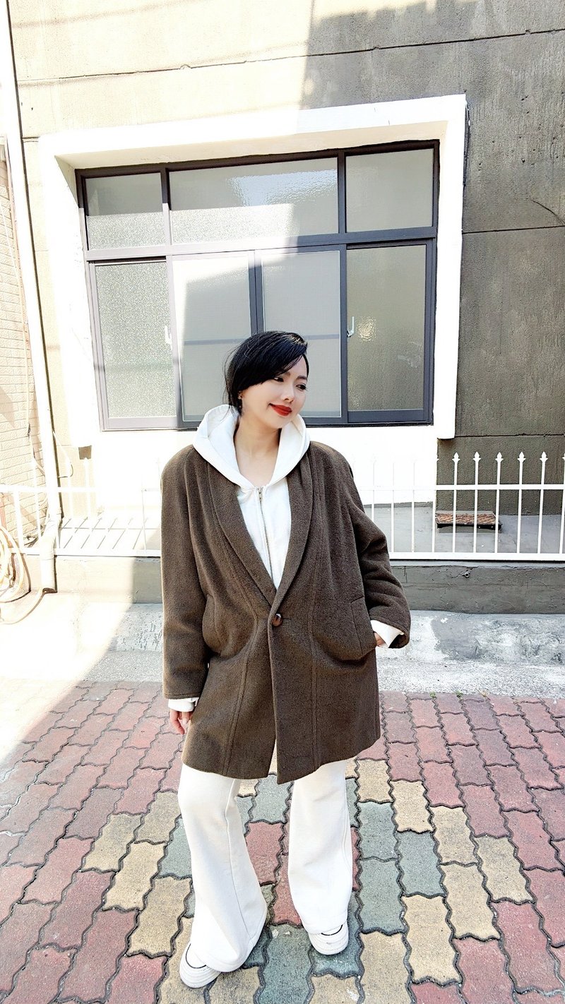 茶咖褐色厚磅簡約大V領 無肩線 古著喀什米爾羊絨中長款大衣外套 - 女大衣/外套 - 羊毛 咖啡色