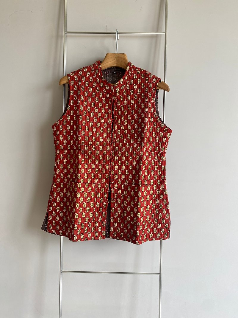 India/Jaipur/vintage/hand stamped/reversible vest - ชุดเดรส - ผ้าฝ้าย/ผ้าลินิน สีแดง