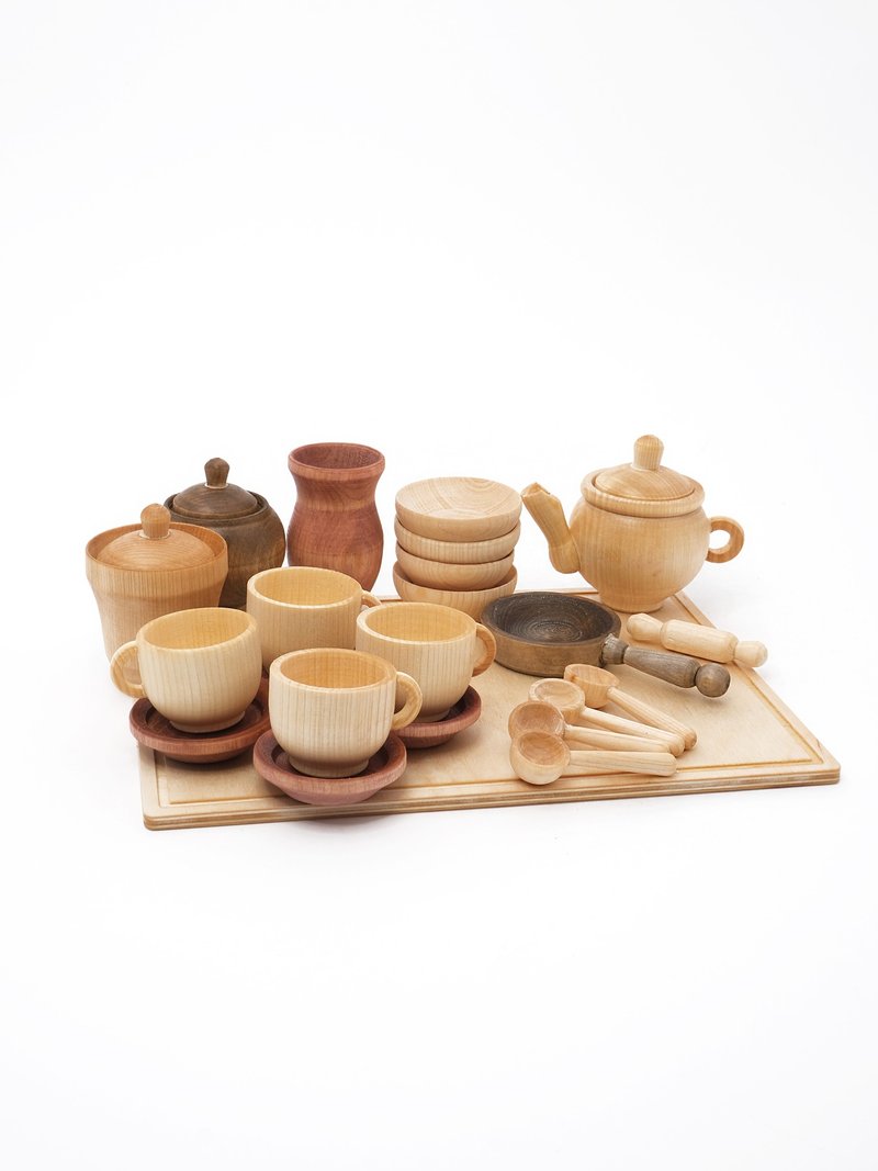 Big set Organic wooden sensory play 23 toys, Cooking for dolls, Wooden Tea Set - ของเล่นเด็ก - ไม้ สีนำ้ตาล