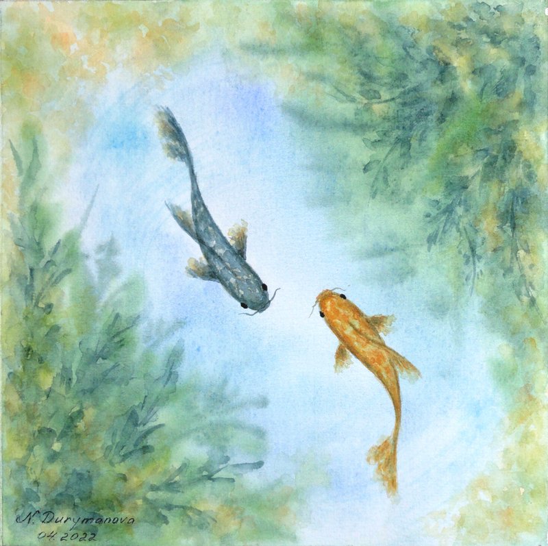 Koi Fish Painting Original Art Koi Fish Artwork Original Watercolor Painting - 海報/掛畫/掛布 - 紙 