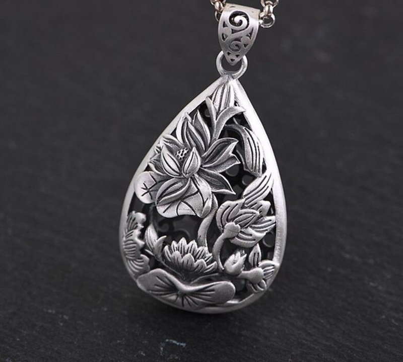 100% Real 990 Pure Silver Pendants for Women Hollow Lotus Necklace NO Chain - 長項鍊 - 純銀 銀色
