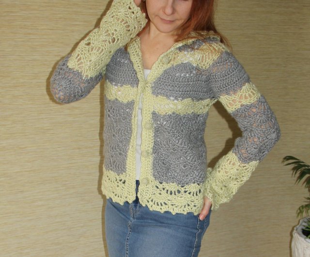 Crochet jacket with hood Lace long sleeve blouse Mohair grey