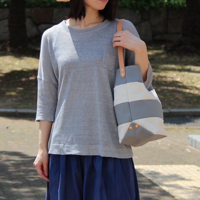 vacances: Light gray Kurashiki canvas border bag - Handbags & Totes - Cotton & Hemp Gray