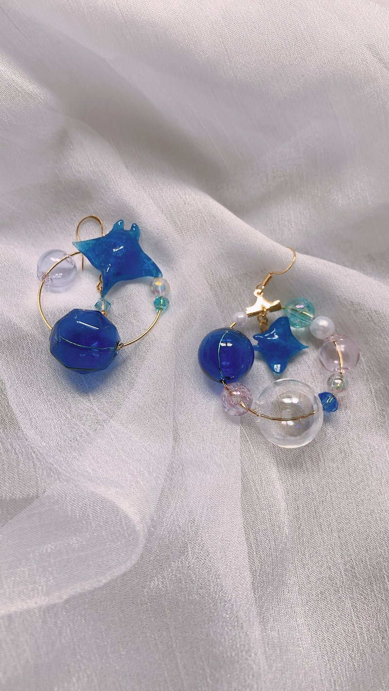 玻璃 耳環/耳夾 藍色 - 【夏末之海2.0】耳環 耳針/耳夾