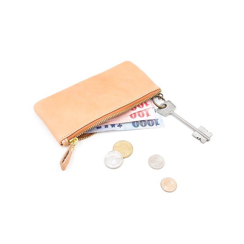 手工植鞣皮革-一字拉鍊包(長款) leather wallet - 零錢包/小錢包 - 真皮 卡其色