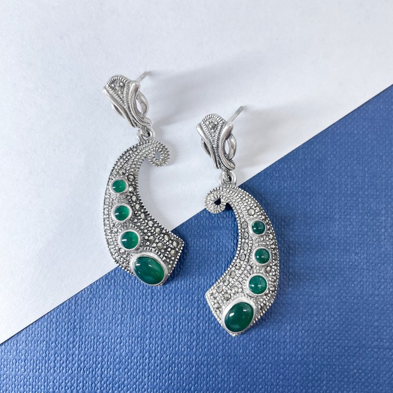 ::歐風號角:: 耳環 純銀 馬克賽石 綠瑪瑙 - 耳環/耳夾/耳骨夾 - 純銀 銀色