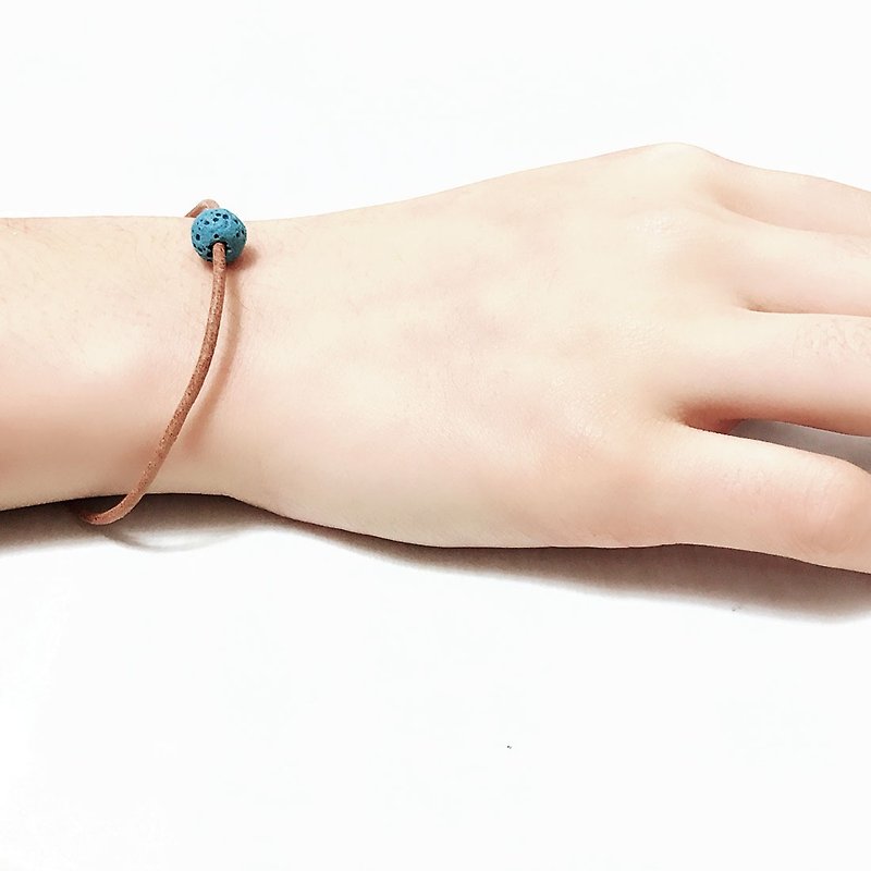 Charm Blue Lava Bead Diffuser Thin Brown Leather Bracelet with Extend Chain - สร้อยข้อมือ - หนังแท้ สีน้ำเงิน