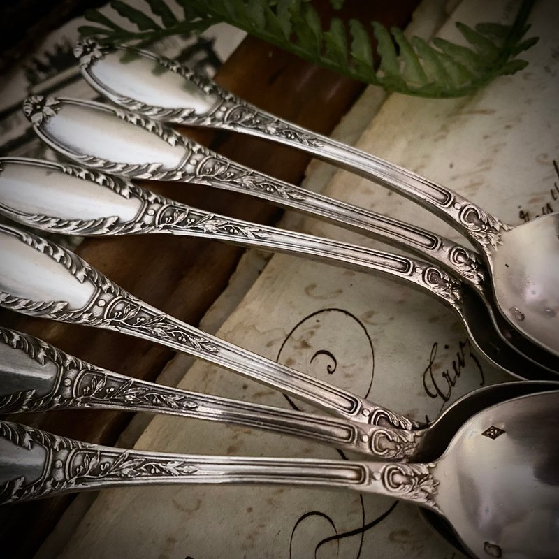 19世紀末 法國950純銀新古典風格 x Belle Époque時期甜點匙 - 刀叉/湯匙/餐具組 - 純銀 銀色