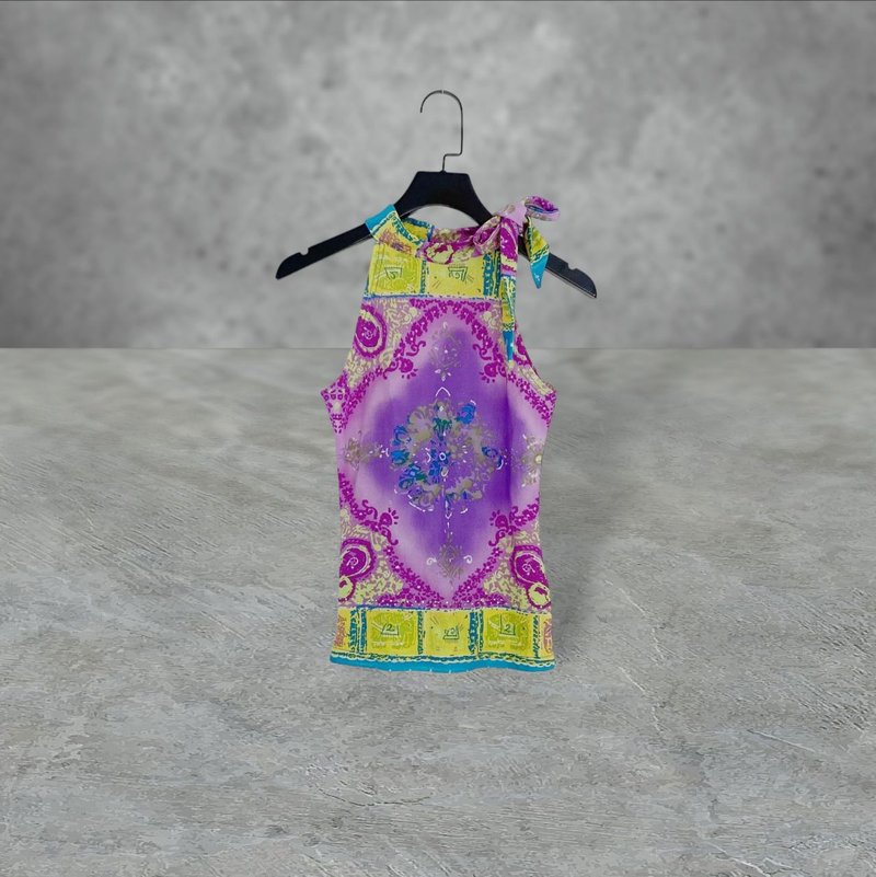 Second-hand purple color printing straps and sleeveless elastic vest OPD514 - เสื้อกั๊กผู้หญิง - เส้นใยสังเคราะห์ สีม่วง