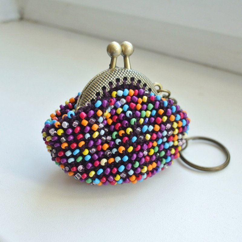 Small coin purse, crochet purse, purple wallet, cute bag, keychain, multicolor - Coin Purses - Other Materials Multicolor