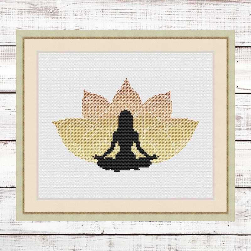 Yoga cross stitch pattern PDF, Meditation embroidery pattern modern - 手工藝教學/工具書 - 其他材質 